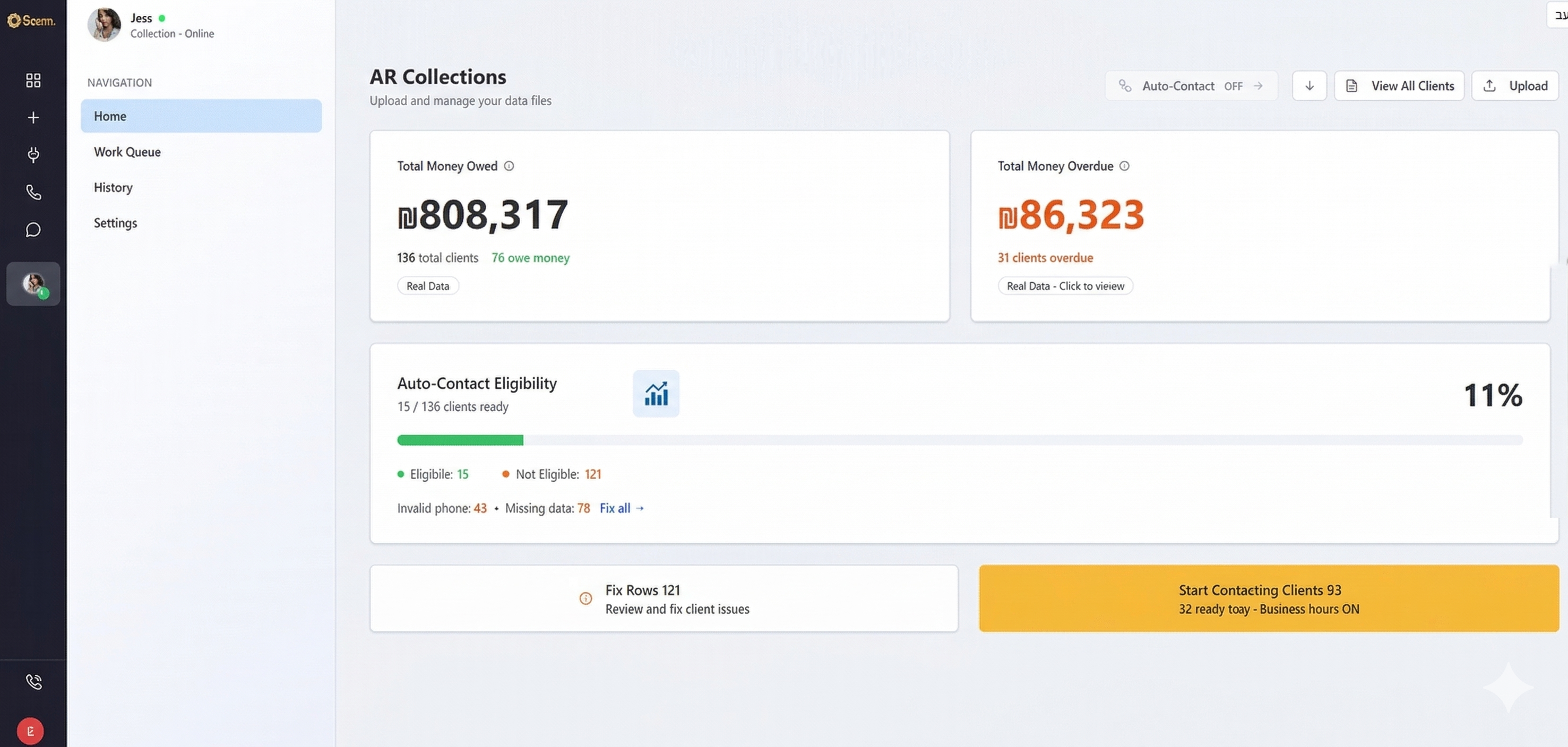 Seenn AR dashboard showing total money owed, overdue amounts, and auto-contact eligibility