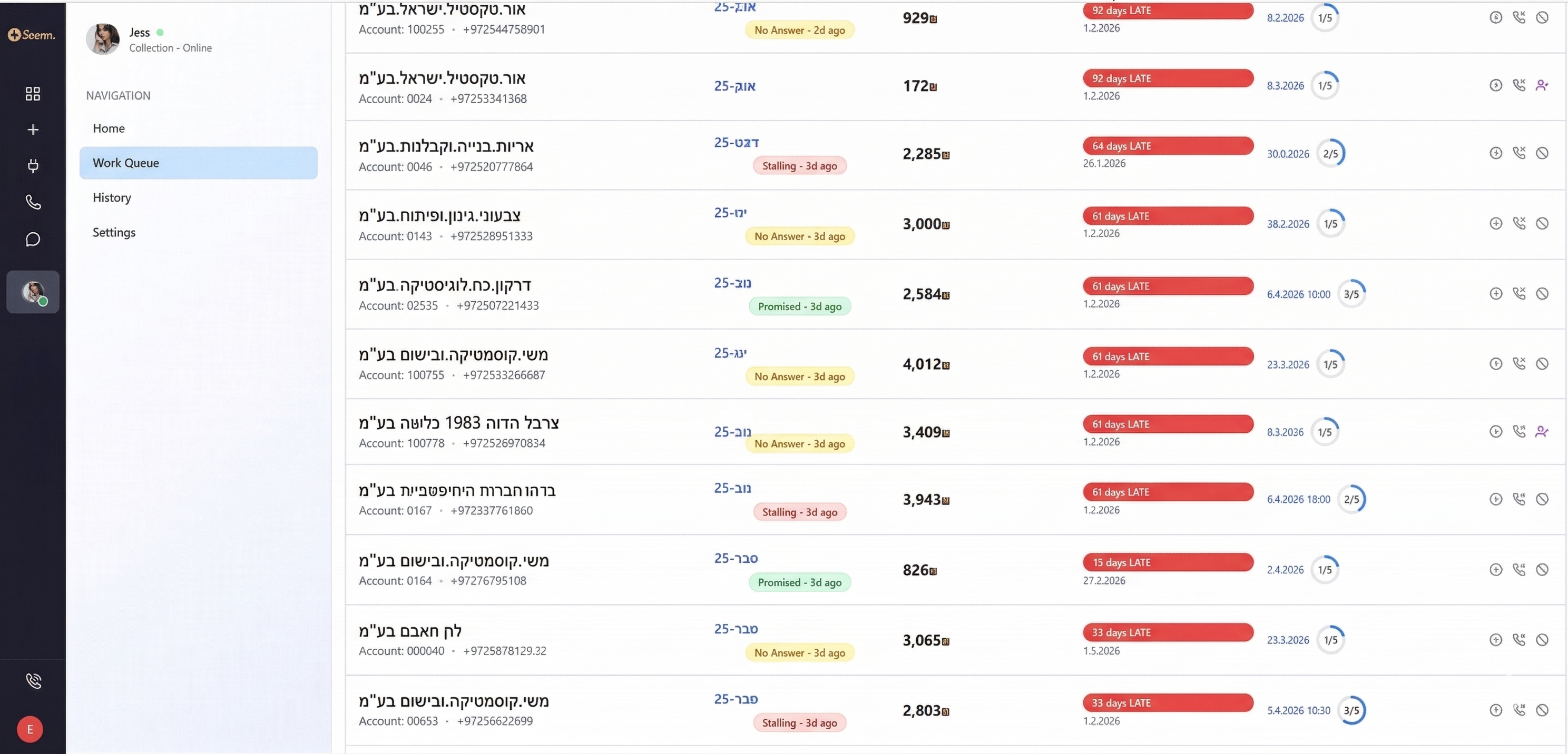 Seenn Work Queue showing client payment status, days late, and call history