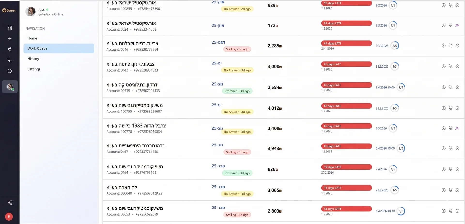 Seenn Work Queue showing client payment status, days late, and call history